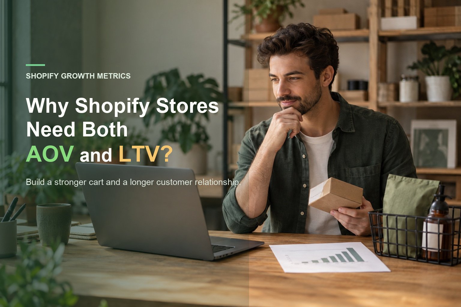 Shopify merchant reviewing an order and customer-value chart at a laptop