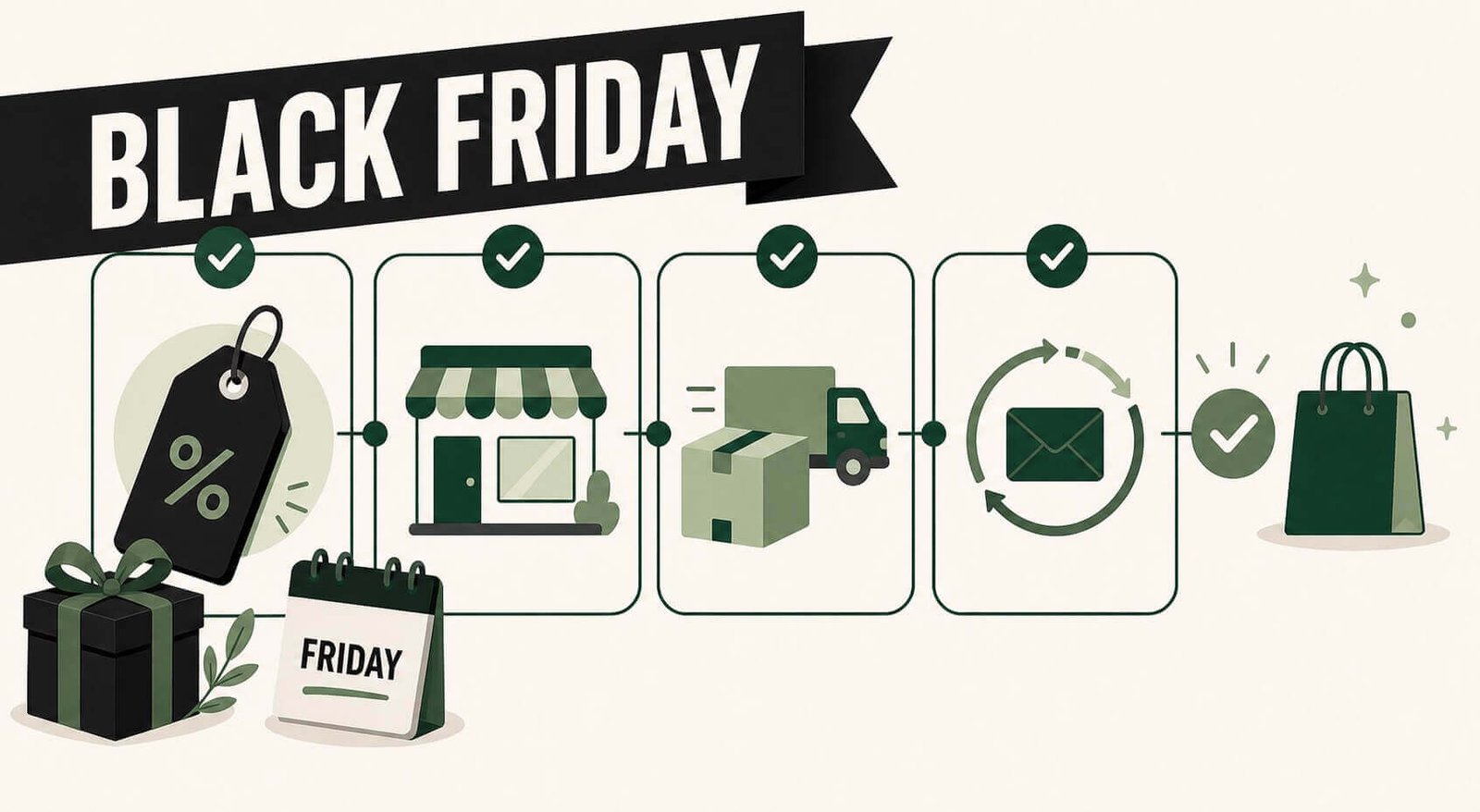 Black Friday Shopify launch gate showing a sale tag, gift, Friday calendar, storefront, fulfilment, recovery, and completed order